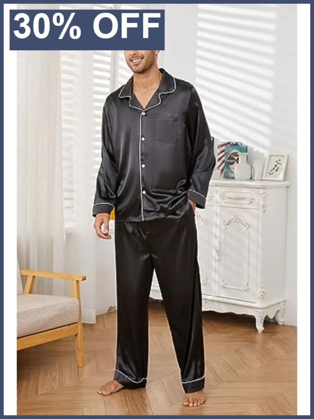 Men's Silk Satin Pajama Set Long Sleeve Button Down Sleepwear Two-Piece